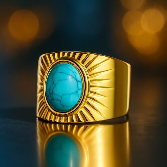 🆕️Sunburst Boho Chic 14K Gold Plated Adjustable Turquoise Statement Ring 🌞💙 - Picture 1 of 11